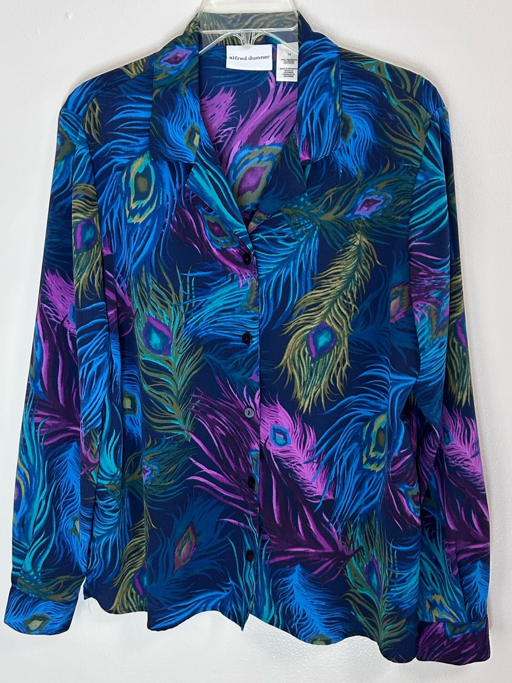 Vintage Alfred Dunner Peacock Feather Button Down Blouse Art to Wear Glam Sz 12
